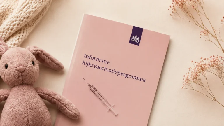 Zacht stilleven met knuffel, deken en informatie over het Rijksvaccinatieprogramma.