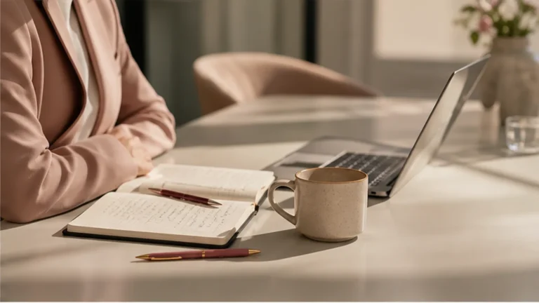 Rustige werktafel met laptop, notitieboek, pen en koffie.