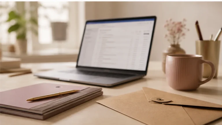 Laptop met onscherpe inbox, envelop en mok op een lichte werktafel.