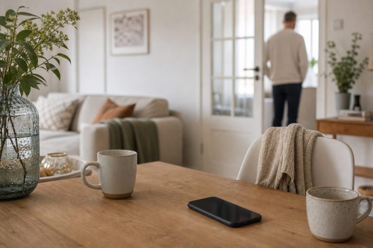Telefoon op een lichte tafel in een rustige woonkamer.