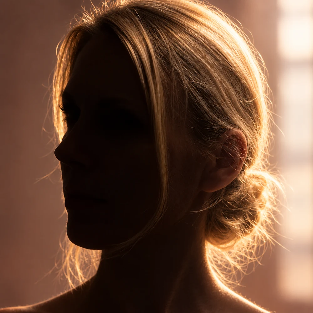 Bewerkt portret van Mare met haar gezicht in de schaduw en licht langs haar blonde haar.